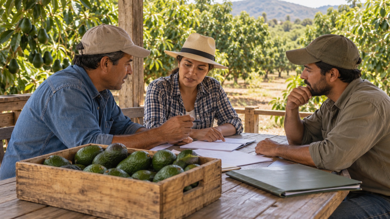 Tres personas conversan sobre documentos alrededor de una mesa con aguacates dentro de una huerta