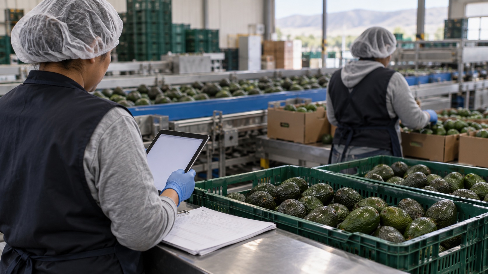 Trabajadoras revisan registros junto a una línea de empaque de aguacates