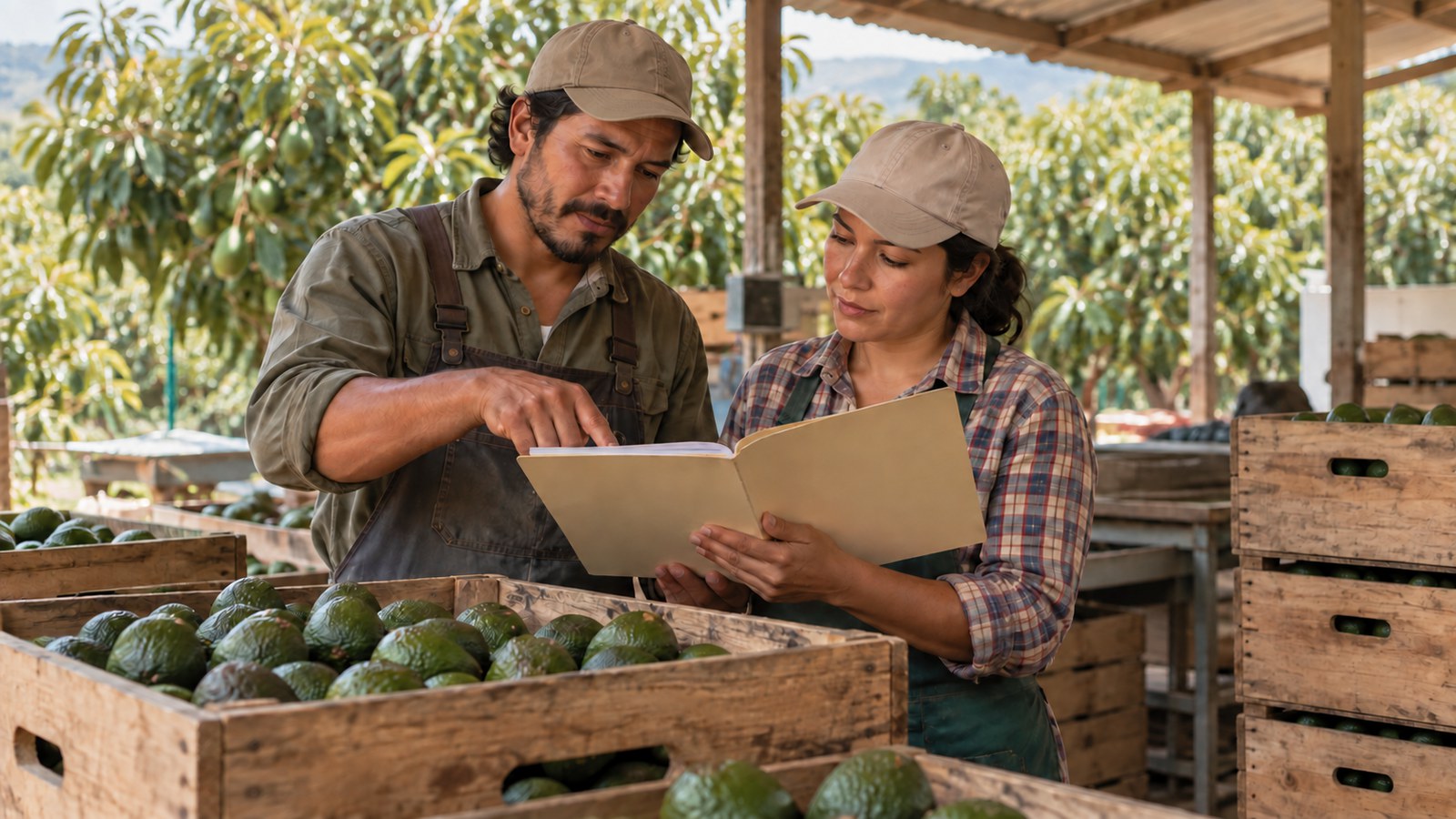 Ilustración generada con IA: dos trabajadores revisan una carpeta junto a cajas de aguacates en un refugio de huerta