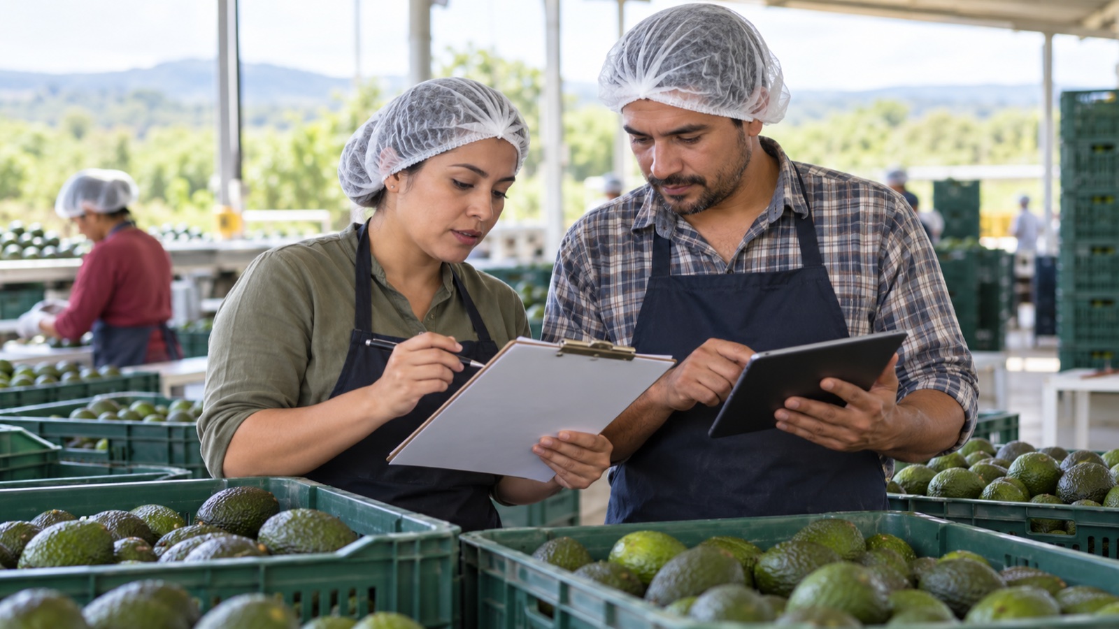 Dos trabajadores revisan una carpeta y una tableta junto a cajas de aguacates en un área de empaque