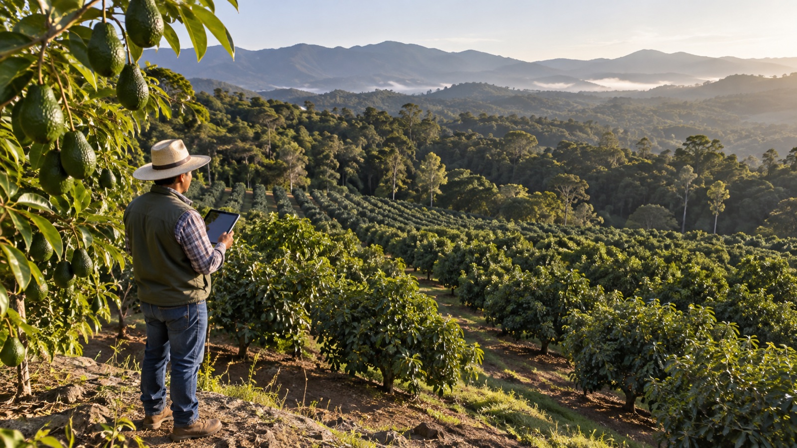 Una persona observa con una tableta una huerta de aguacates junto a un bosque y montañas