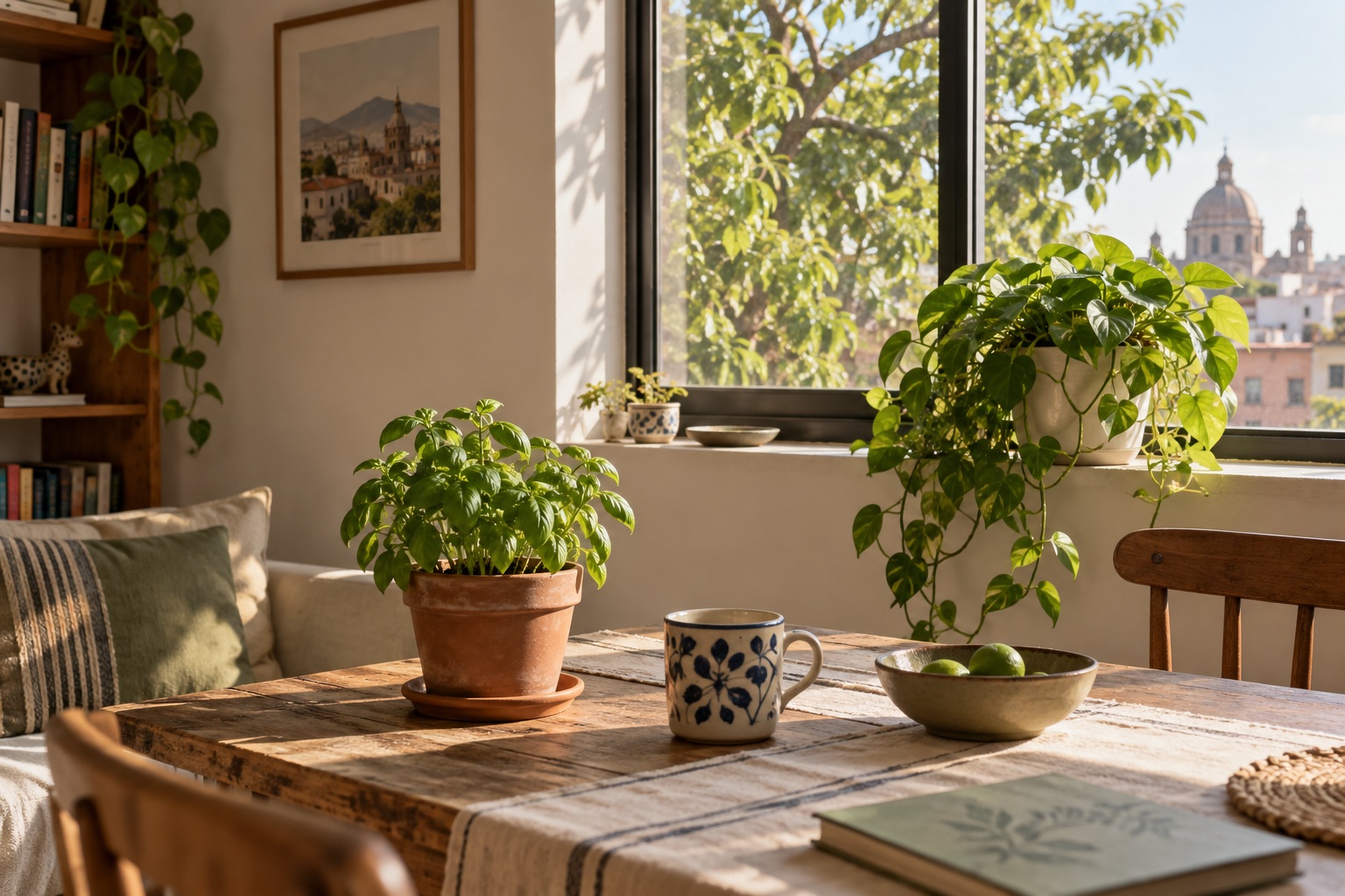 Plantas en macetas sobre una mesa y junto a una ventana con vista a un árbol
