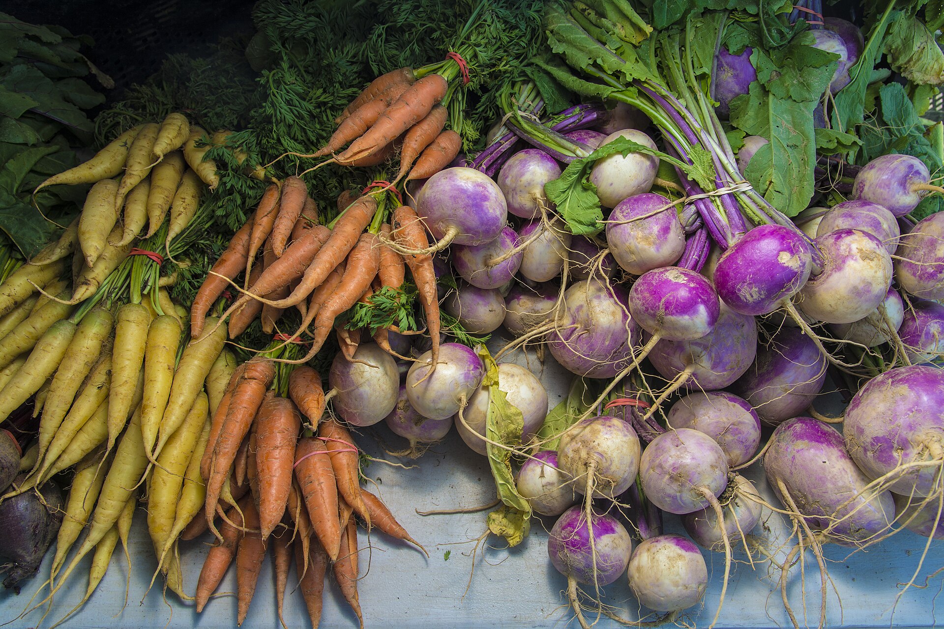 Zanahorias, nabos y otras hortalizas de raíz exhibidas para su venta