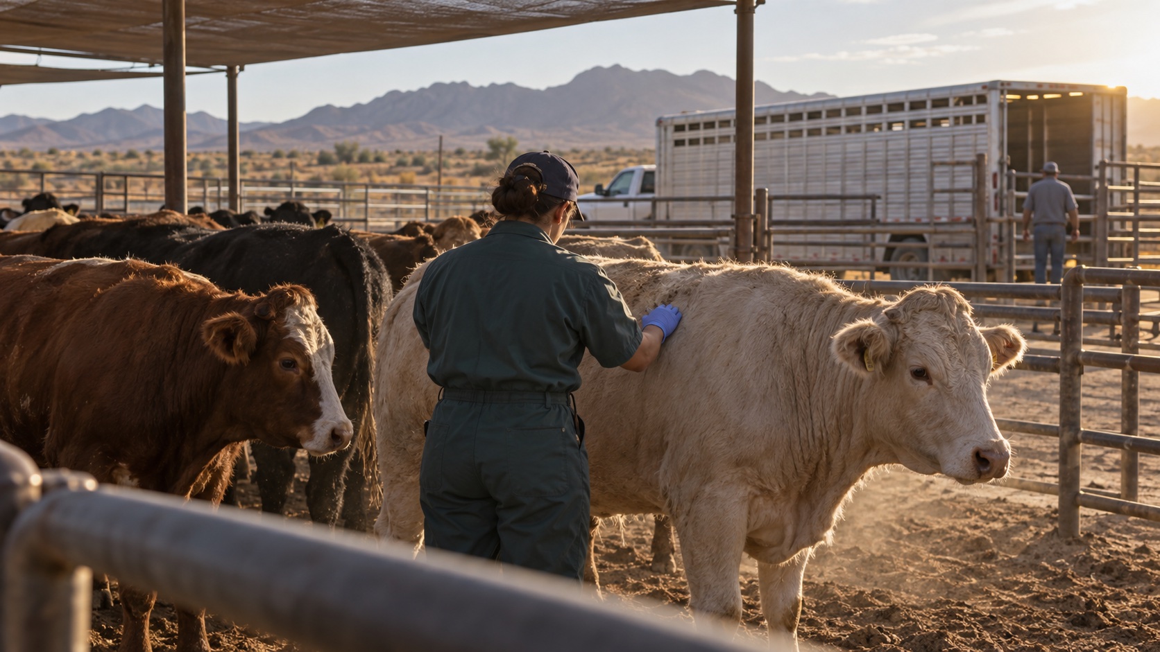 Veterinaria revisa ganado en un corral de inspección junto a un remolque