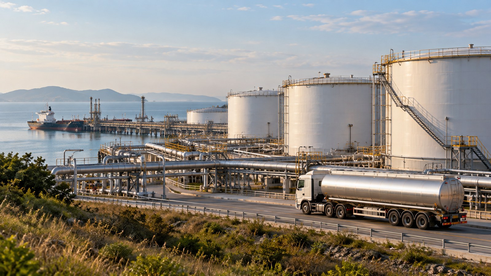 Ilustración generada con IA: tanques de almacenamiento, tuberías y un camión cisterna en una terminal de combustible