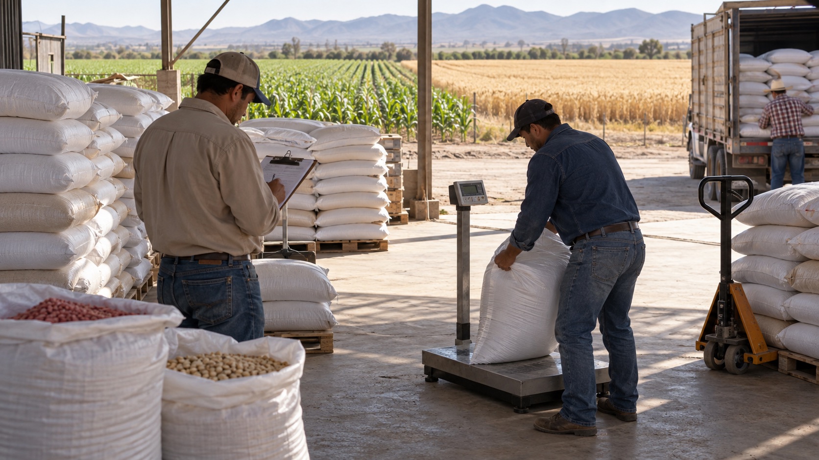 Productores pesan costales de granos junto a cultivos de maíz y trigo