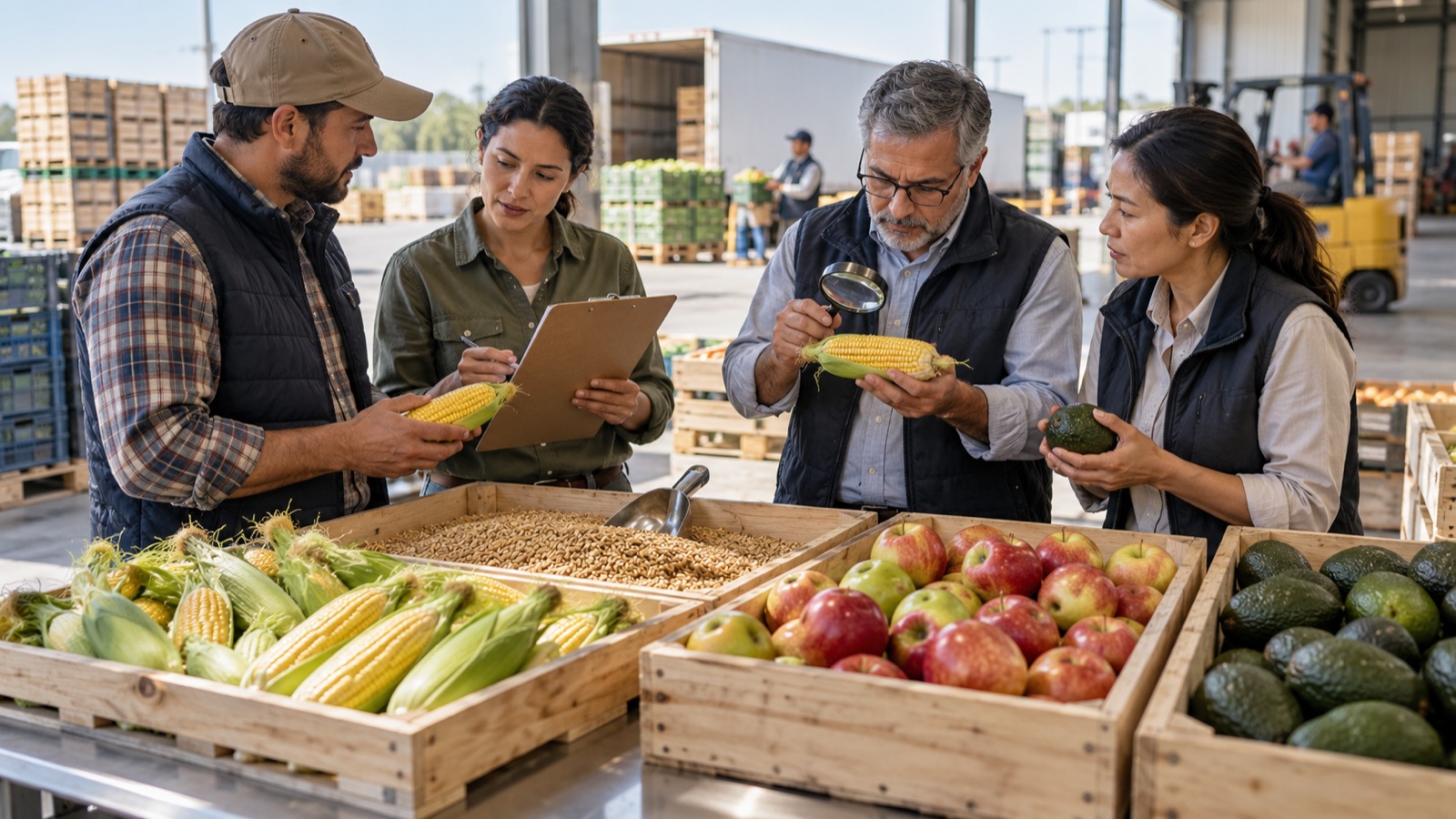 Cuatro personas revisan maíz, granos, manzanas y aguacates en un centro de distribución agrícola