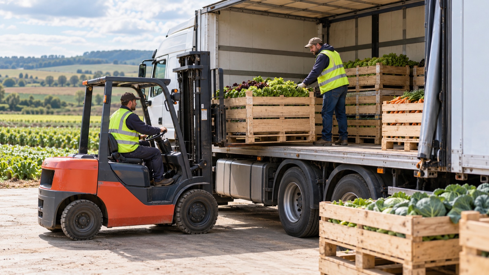 Dos trabajadores cargan cajas de verduras en un camión con ayuda de un montacargas junto a campos de cultivo