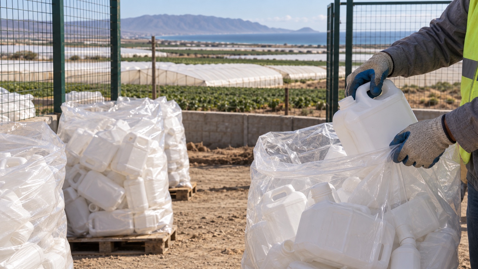 Trabajador coloca un envase plástico vacío en un costal de recolección en zona agrícola