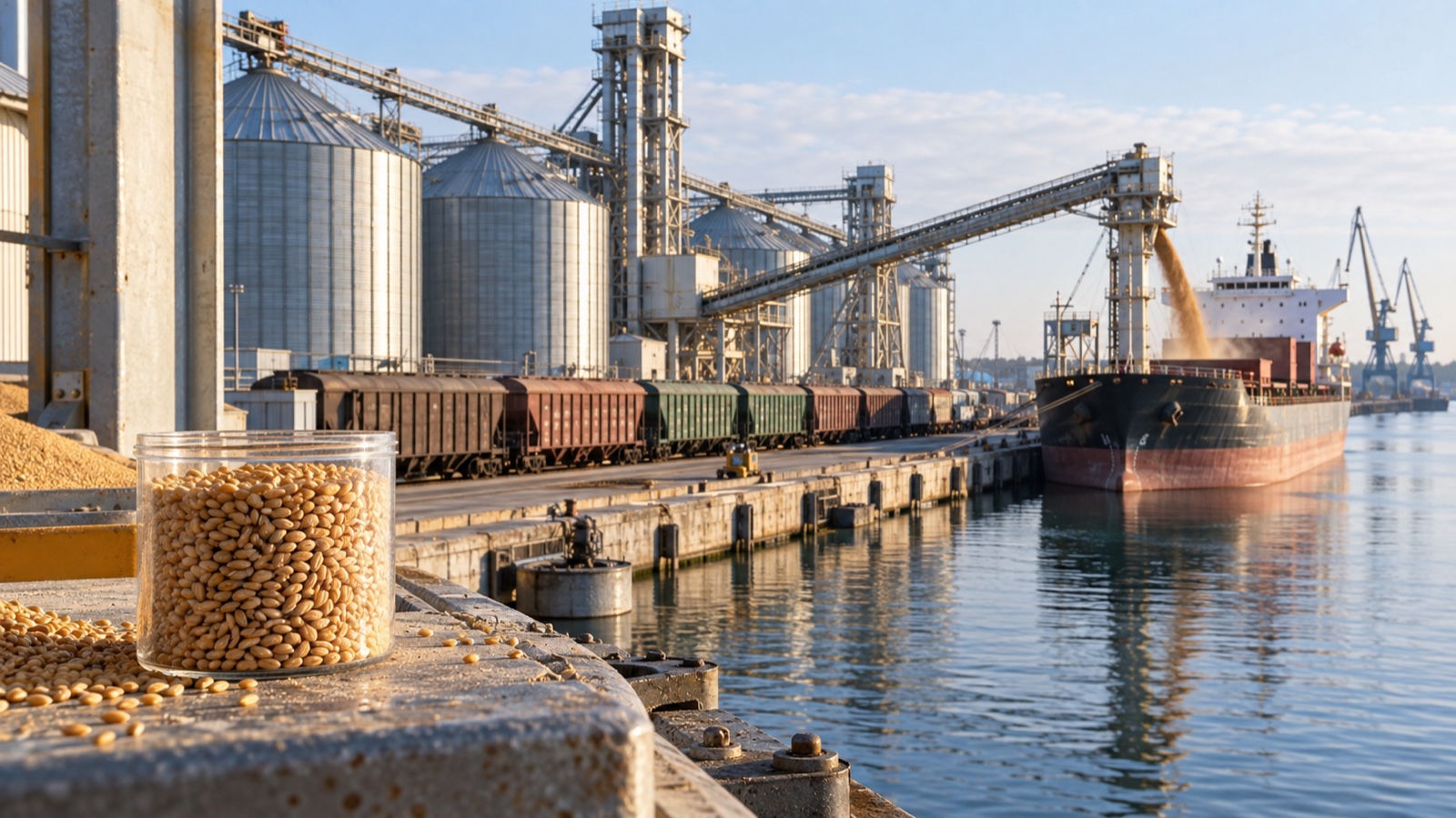 Muestra de trigo frente a silos, vagones ferroviarios y un buque de carga en un puerto de granos