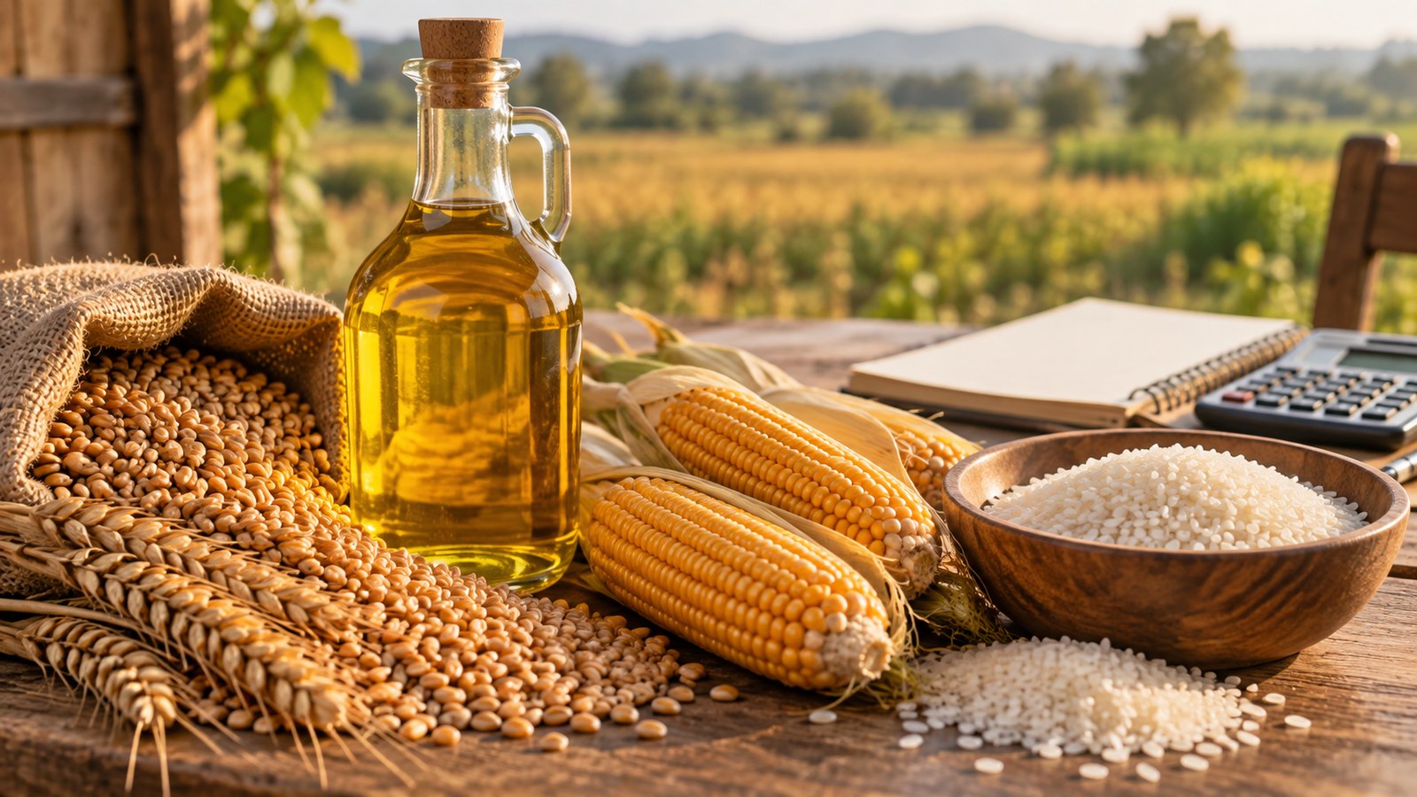 Ilustración generada con IA: granos de trigo, mazorcas, arroz y una botella de aceite junto a una libreta y una calculadora