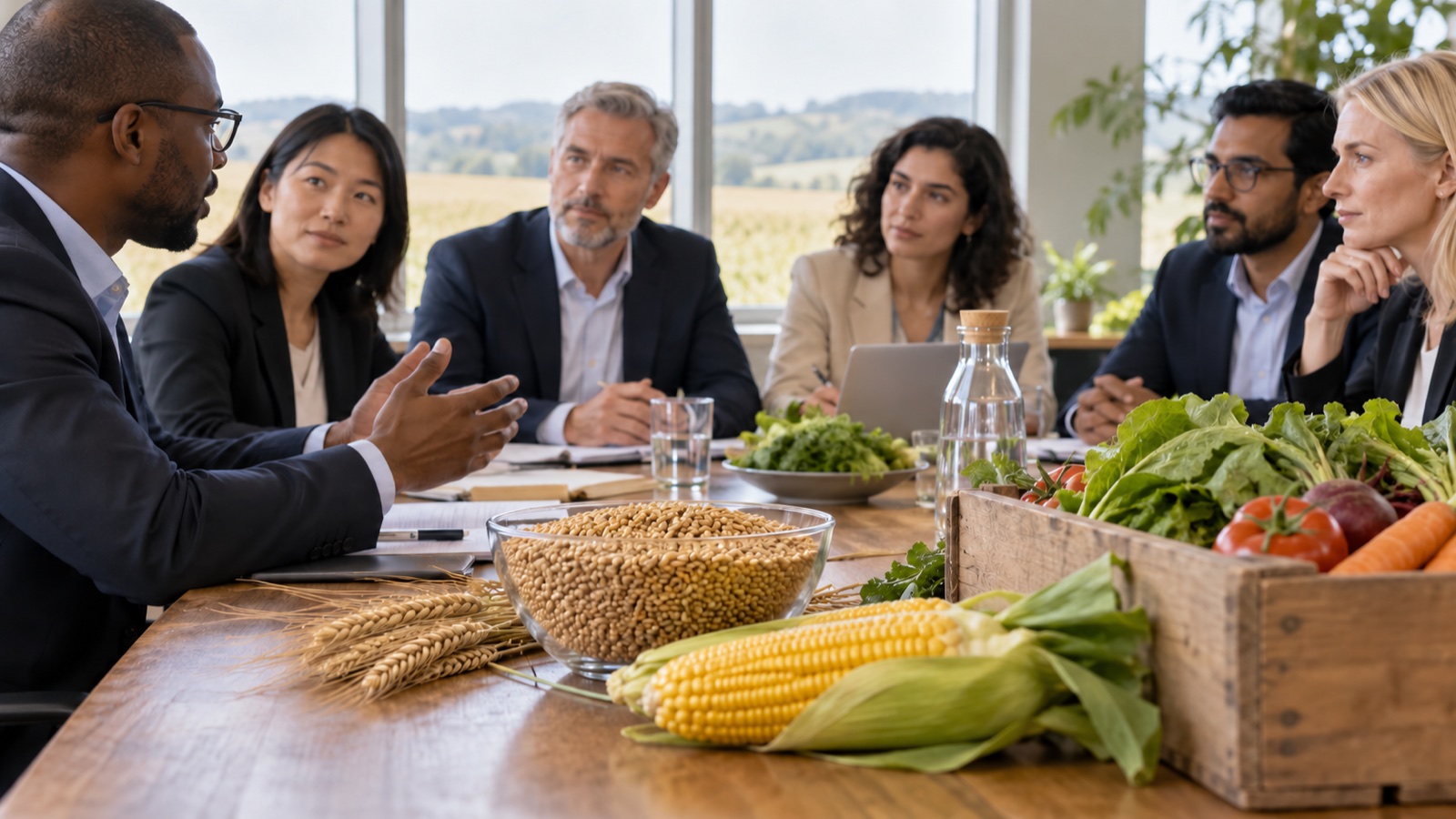 Seis personas conversan alrededor de una mesa con trigo, maíz y verduras en una sala de reuniones