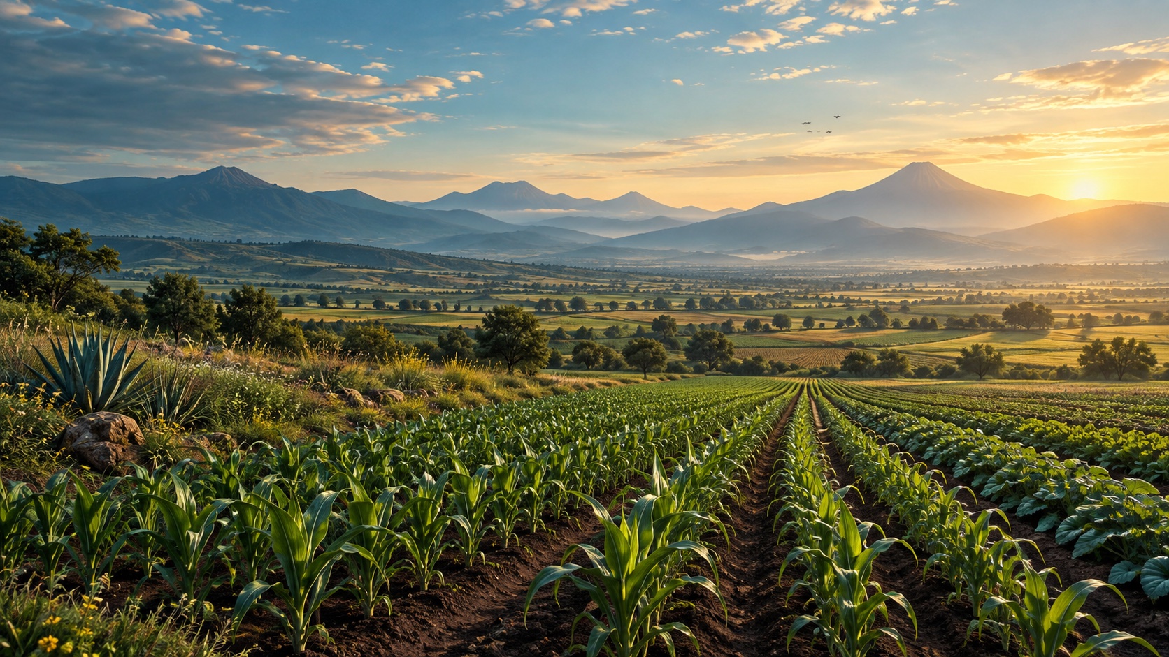 Campo agrícola con hileras de cultivos frente a un paisaje montañoso