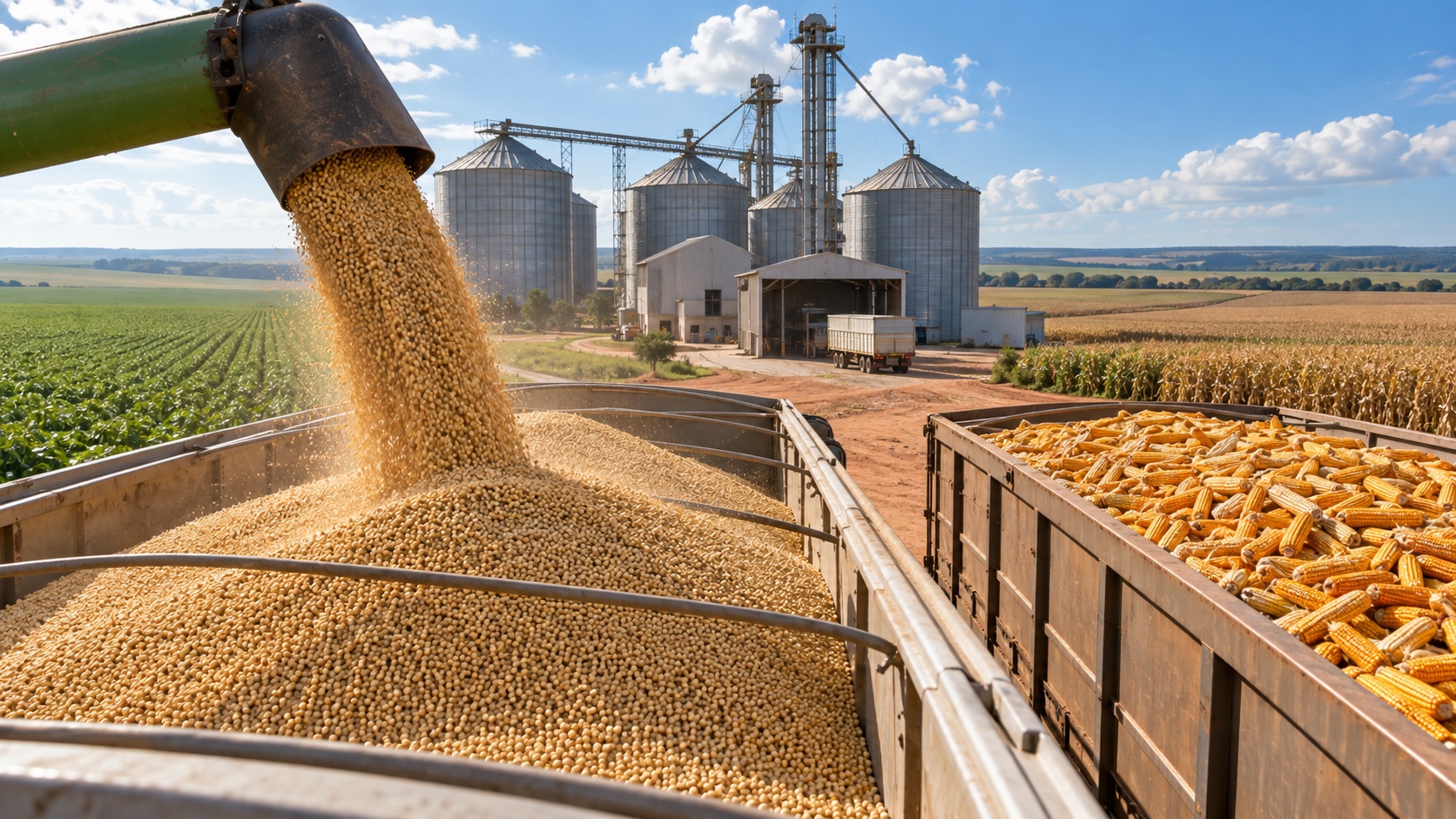 Descarga de granos de soya junto a un remolque de maíz y silos