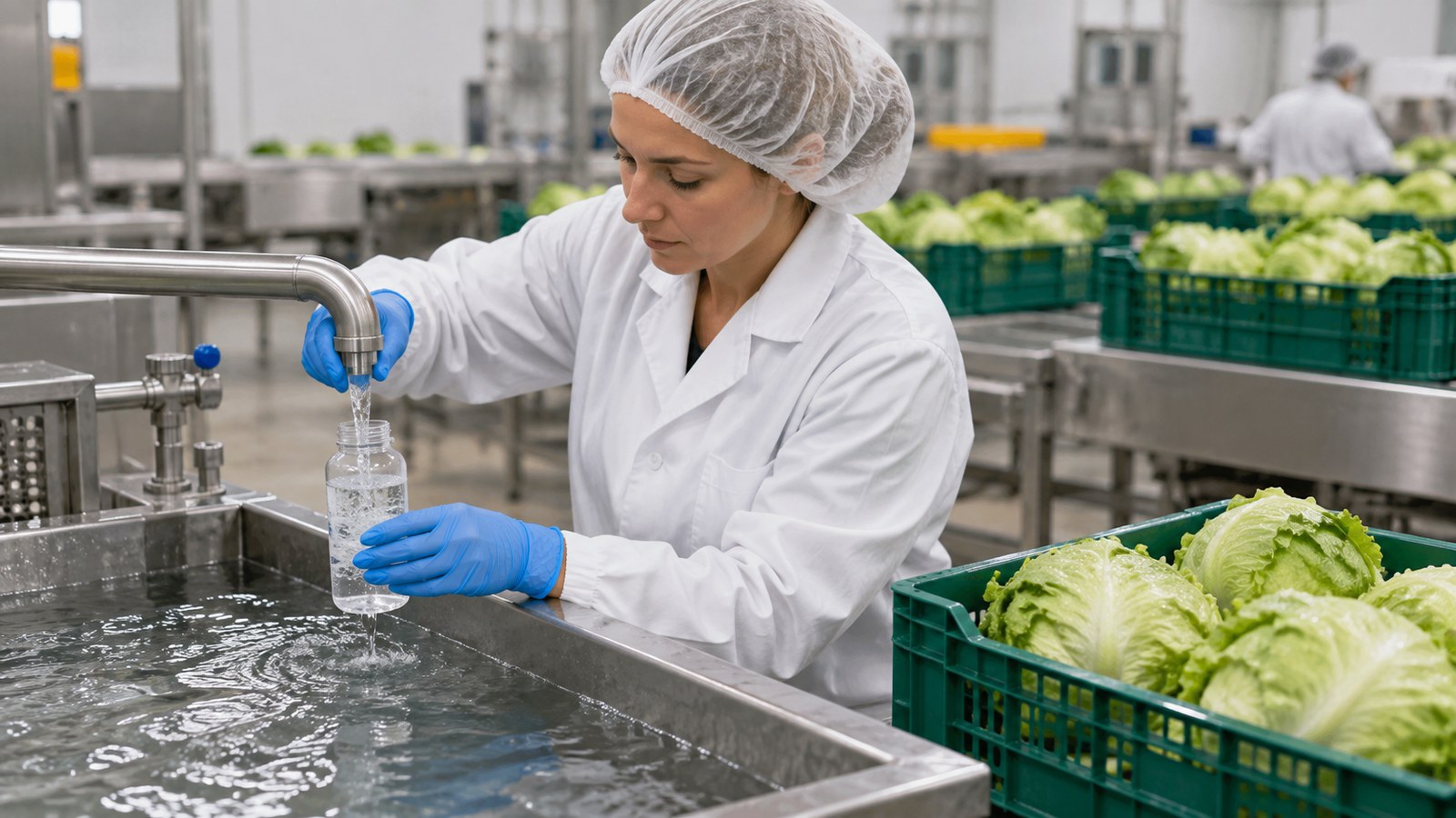 Ilustración generada con IA: una técnica con guantes y cofia recoge una muestra de agua junto a cajas de lechuga iceberg