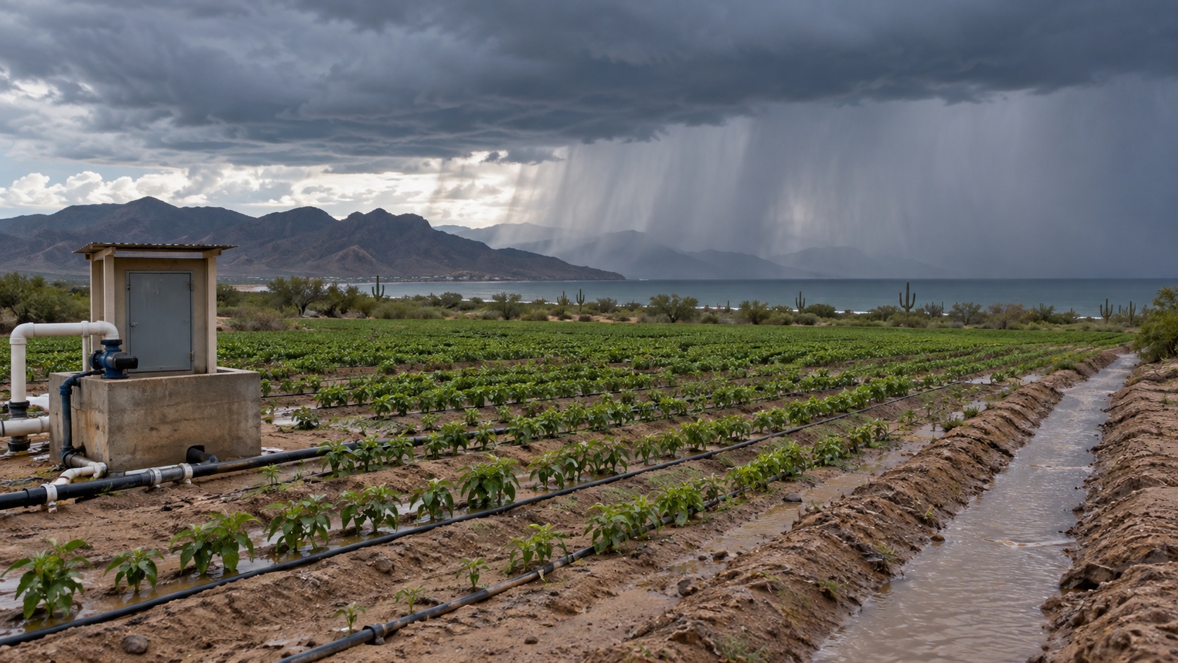 Parcela costera con canal de desagüe y nubes de tormenta sobre el horizonte