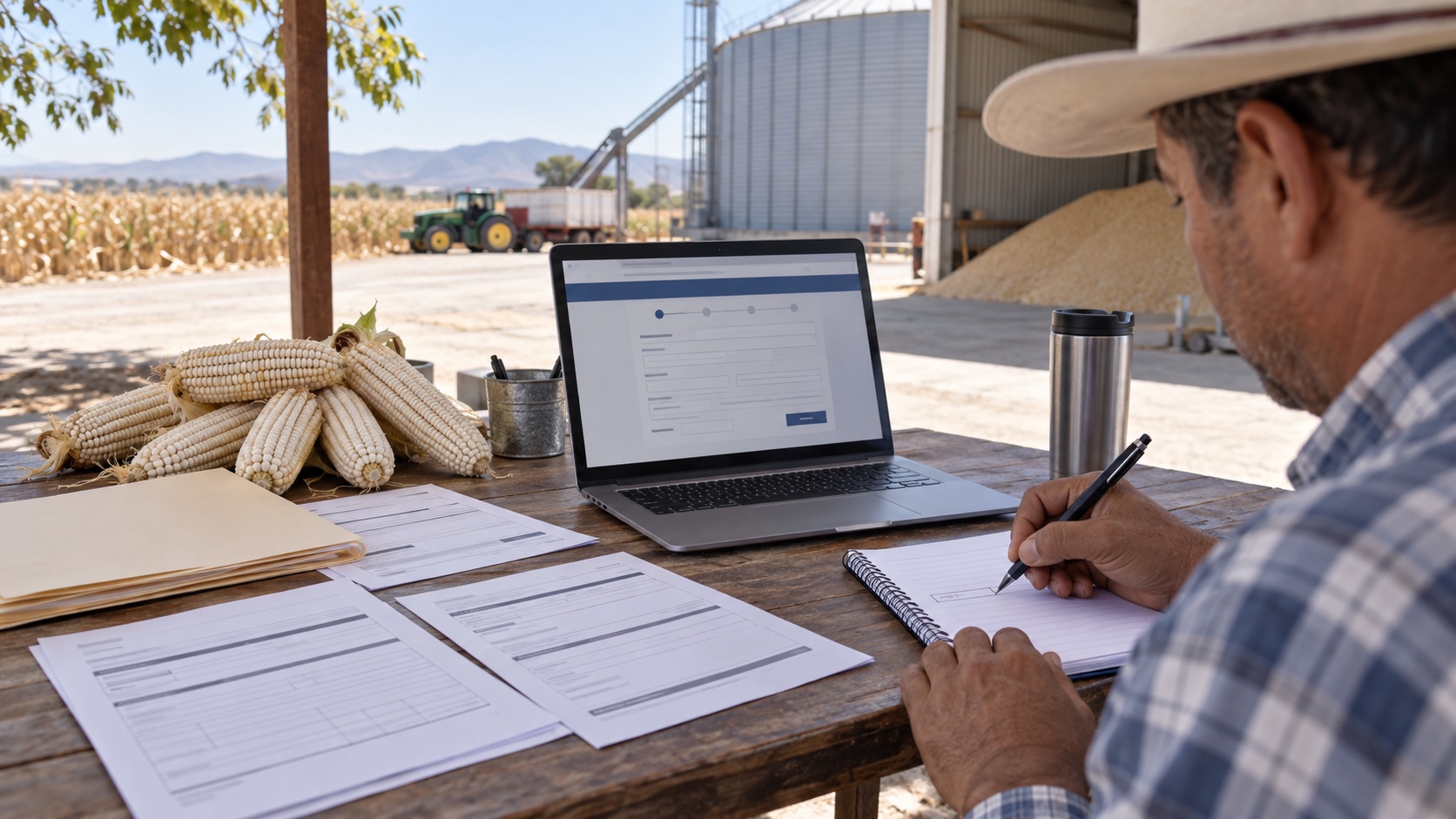 Productor de maíz revisa documentos y una computadora junto a un silo