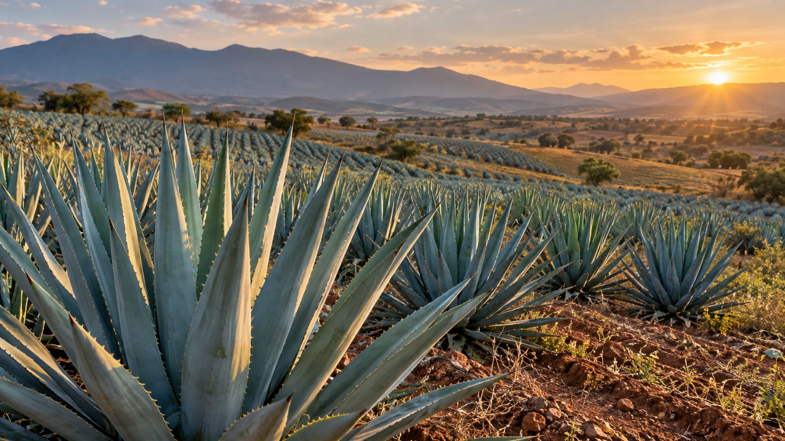 Ilustración generada con IA: hileras de agave azul en un terreno agrícola con montañas al fondo