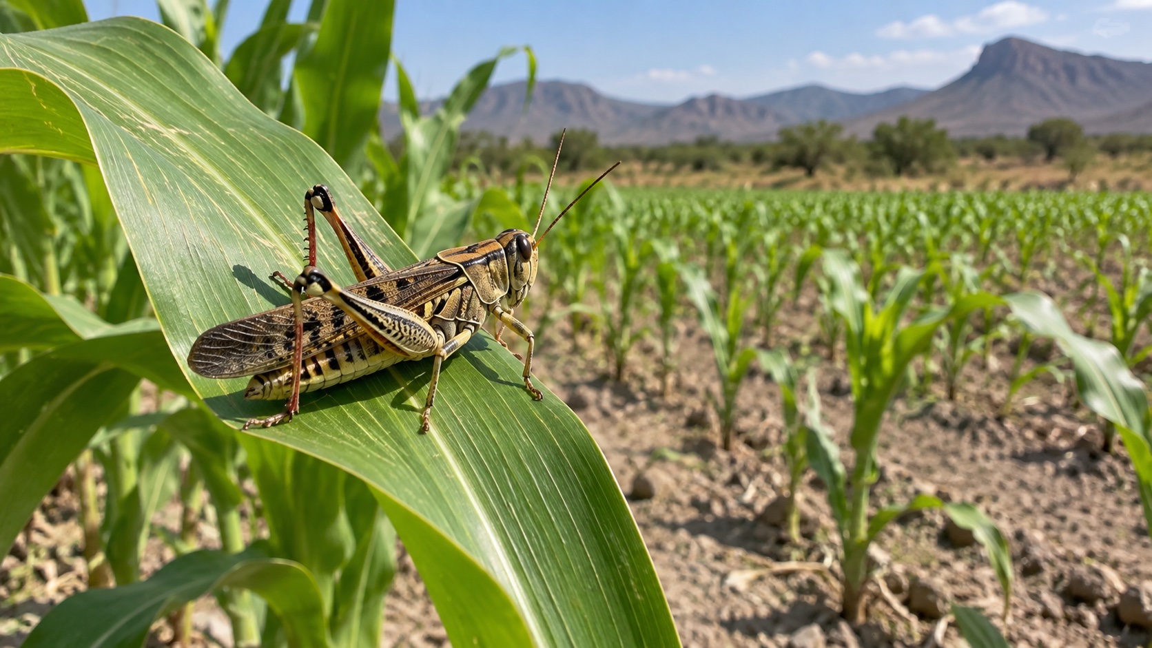 Langosta sobre una hoja de maíz en una parcela de clima seco