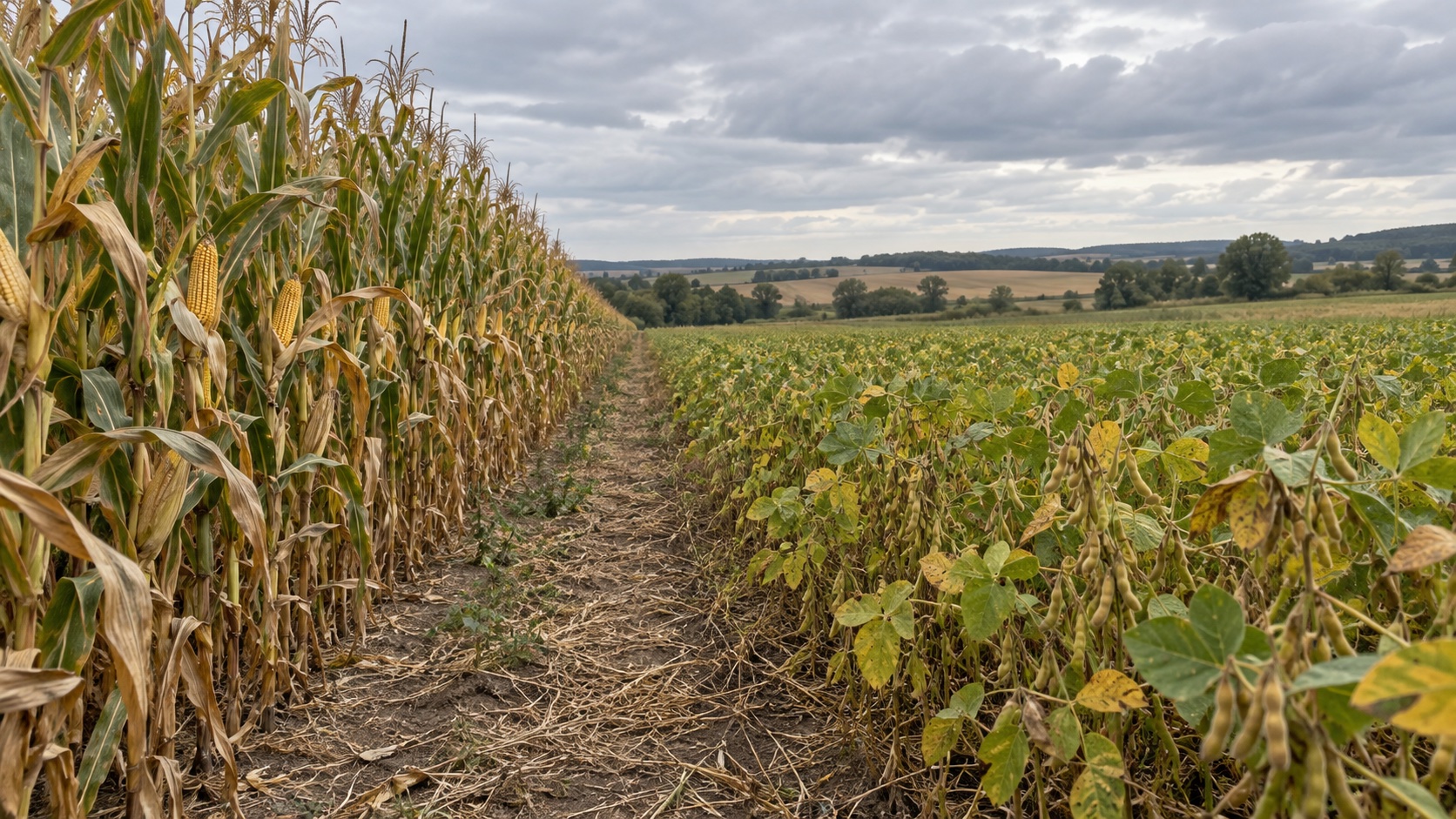 Parcelas contiguas de maíz y soya bajo un cielo seco