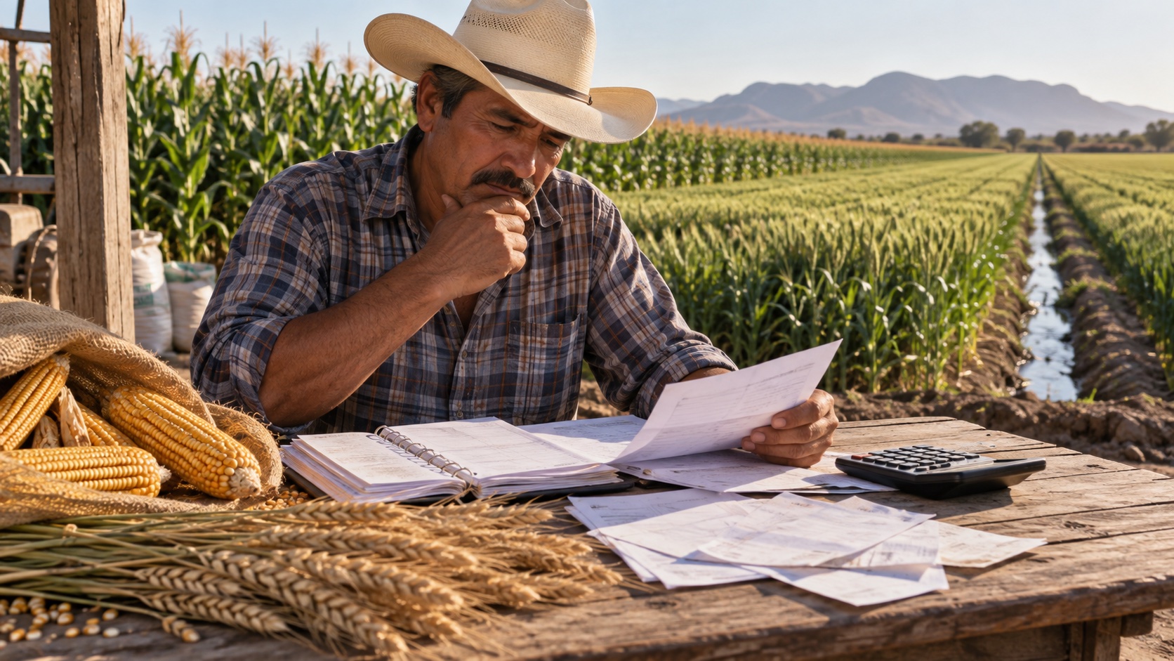 Productor revisa documentos de costos y calculadora frente a cultivos de maíz y trigo