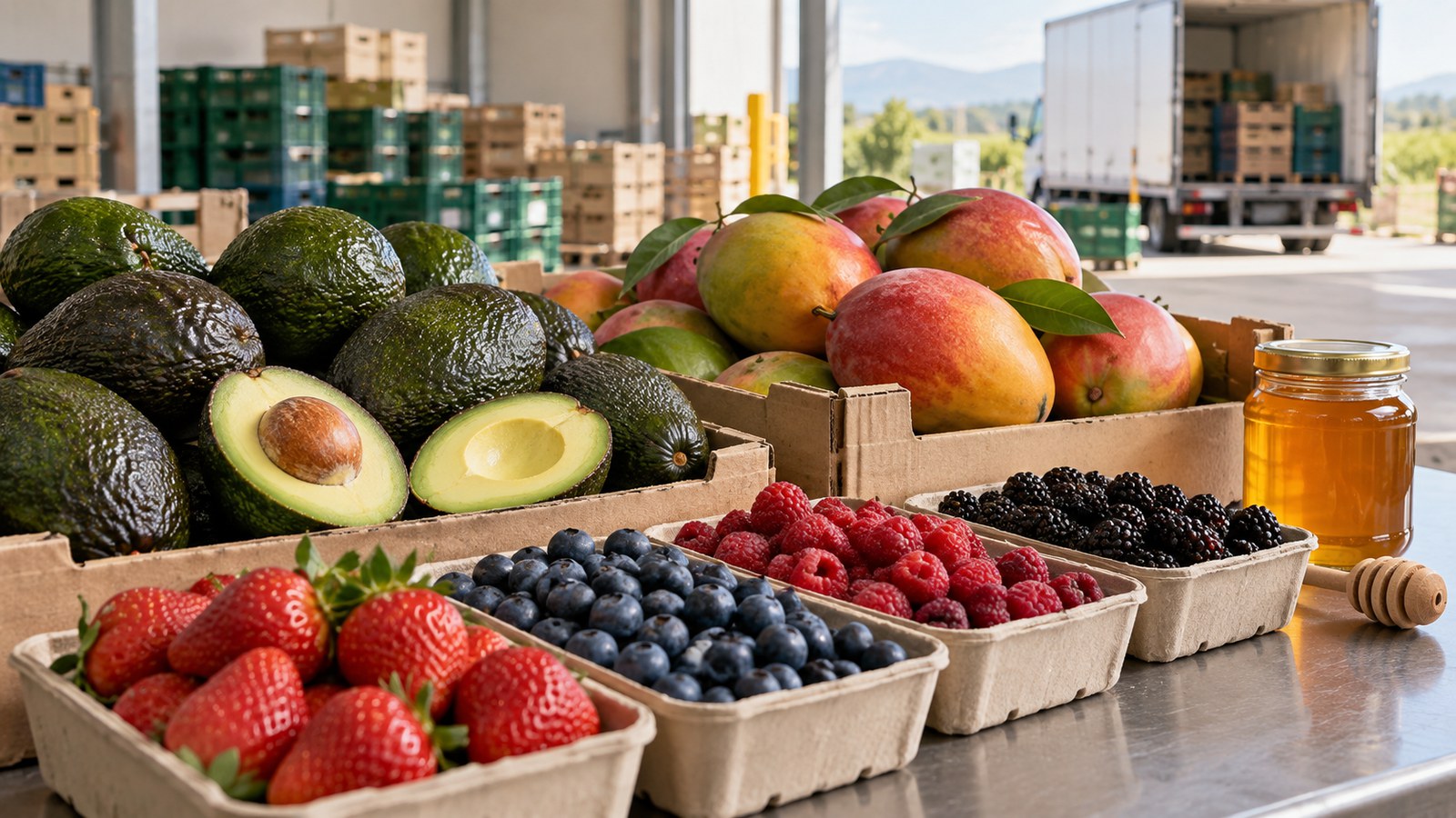 Ilustración generada con IA: aguacates, mangos, frutos rojos y miel sobre una mesa de empaque frente a un área de carga