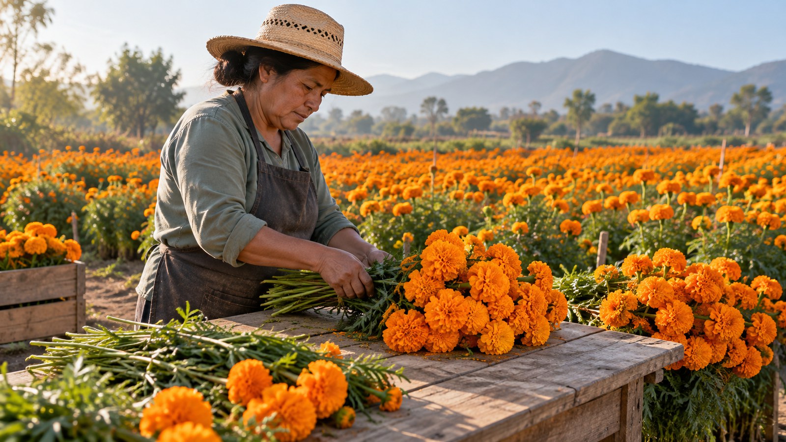 Ilustración generada con IA: una persona prepara manojos de flores anaranjadas de cempasúchil junto a un campo