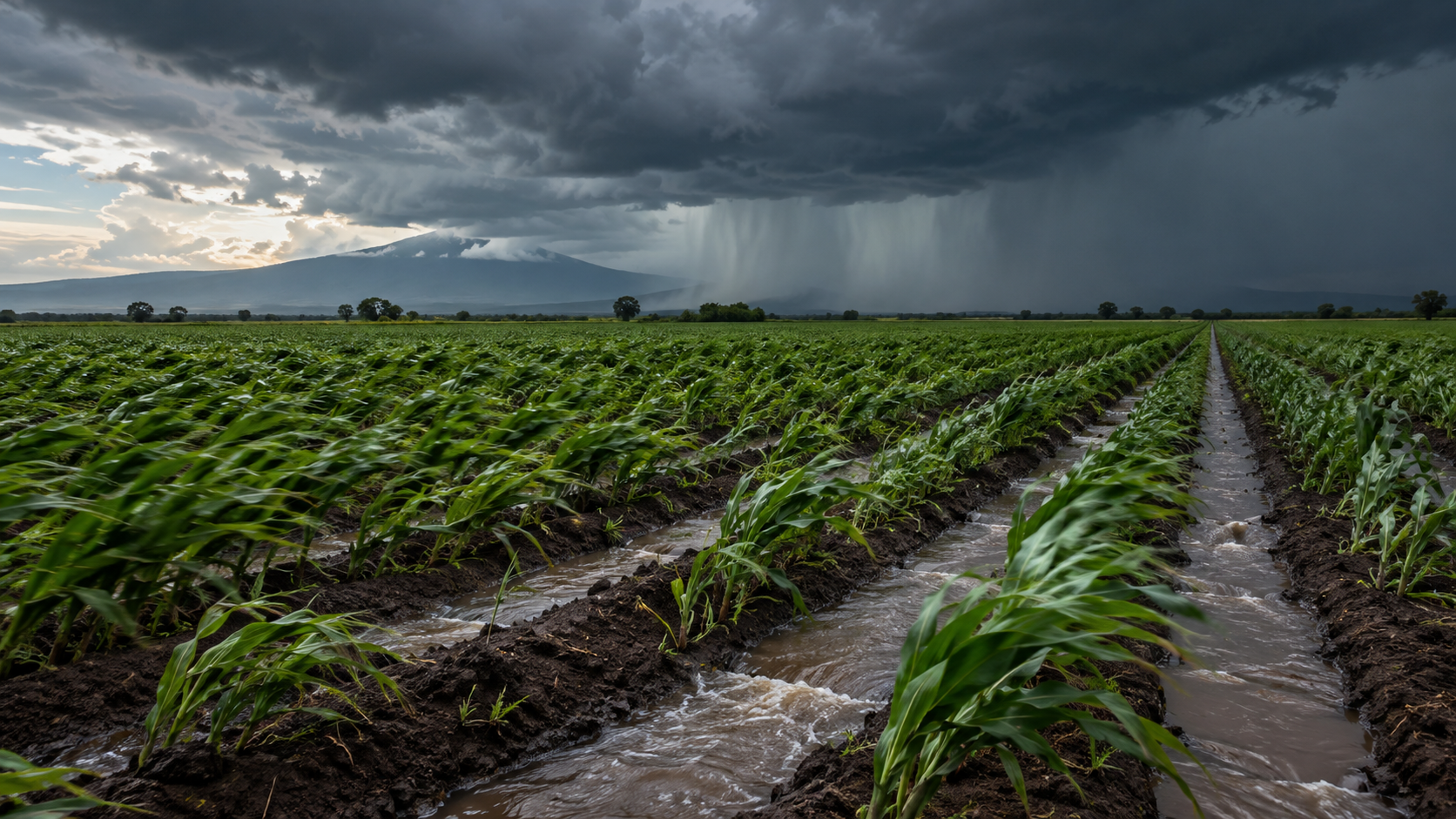 Parcela con hileras de cultivo bajo nubes de tormenta y agua circulando por los surcos