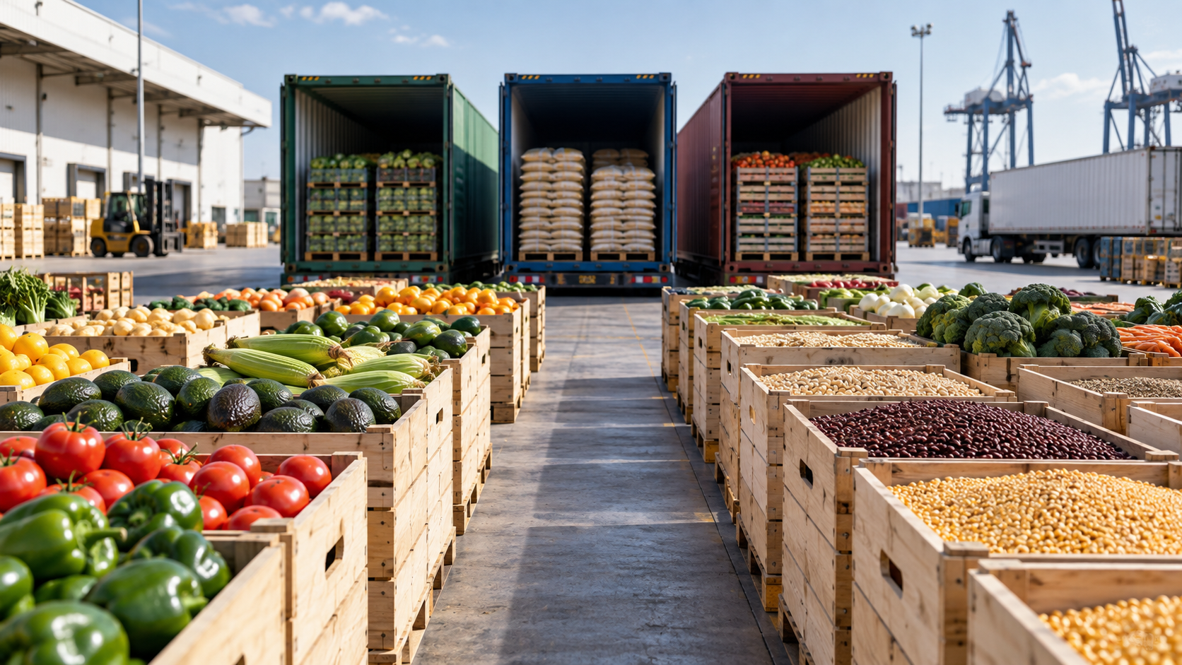 Productos agrícolas organizados frente a tres contenedores de carga sin logotipos