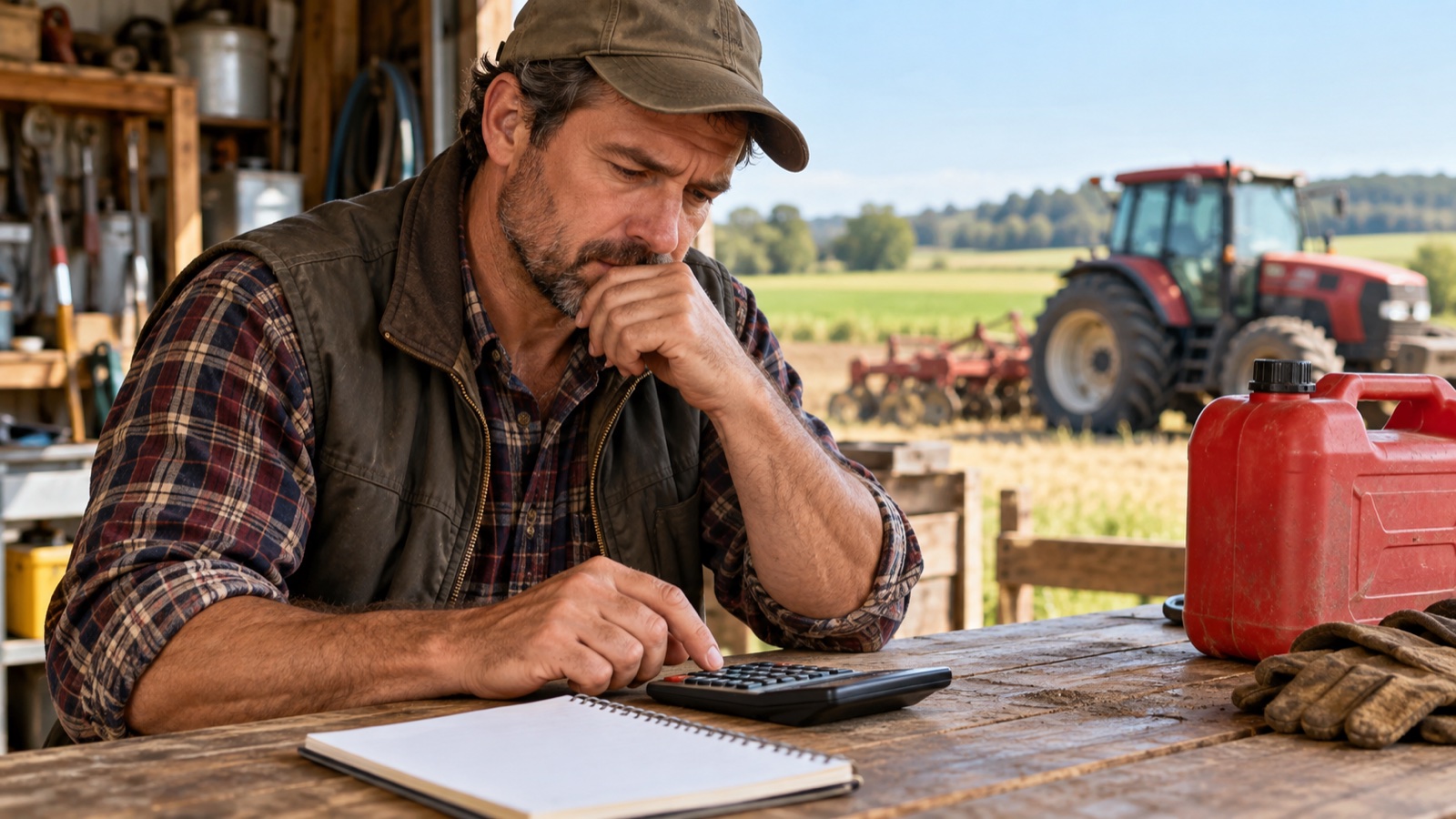 Un agricultor usa una calculadora junto a una libreta y un recipiente de combustible cerrado, con un tractor al fondo