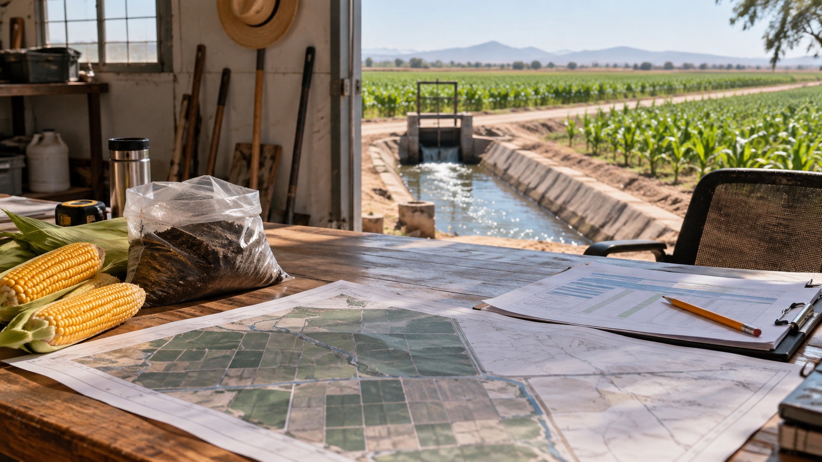 Mesa de planeación agrícola con mazorcas, muestra de suelo y mapa junto a un canal de riego