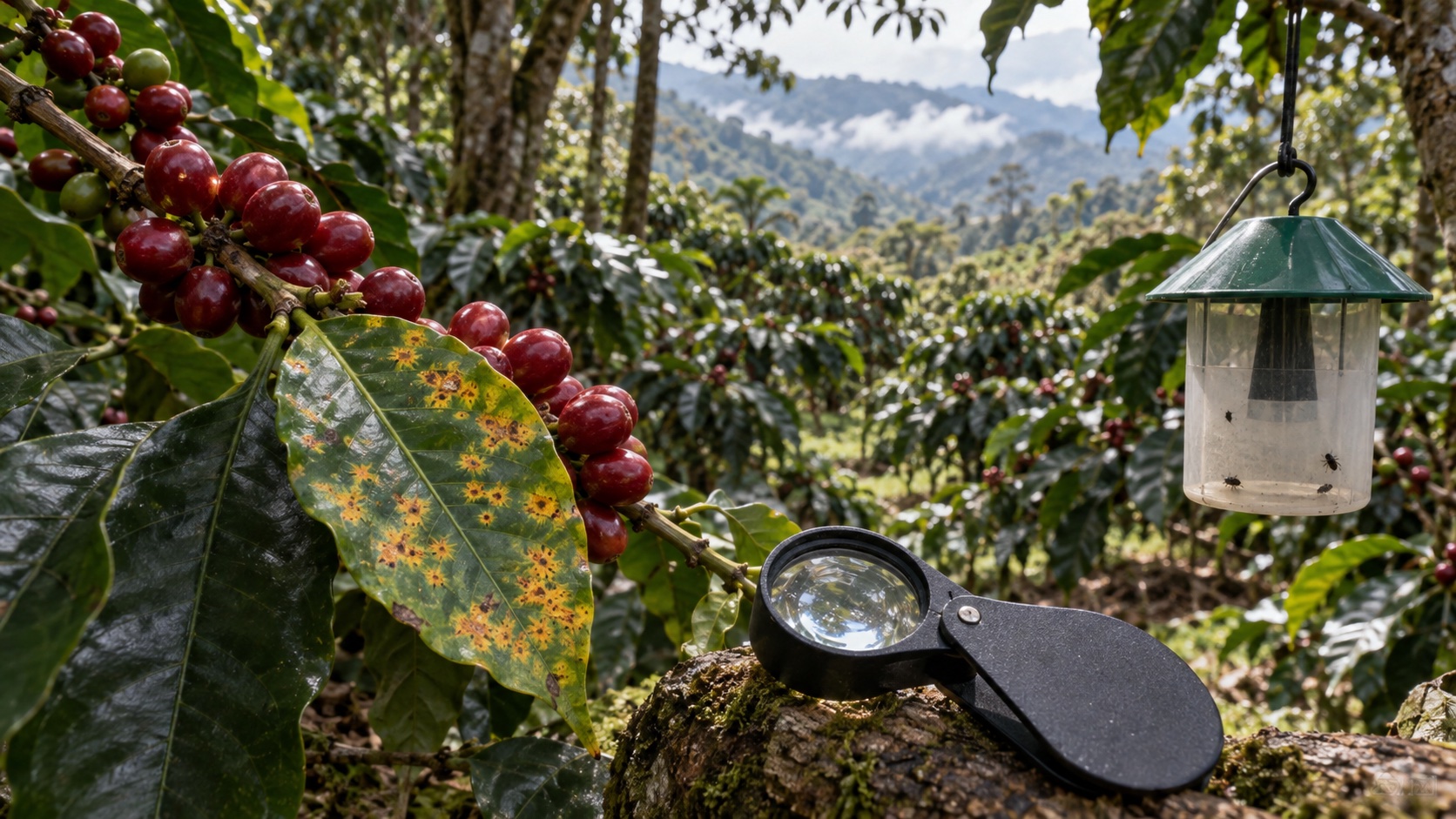 Rama de cafeto con manchas de roya observada con lupa en una finca