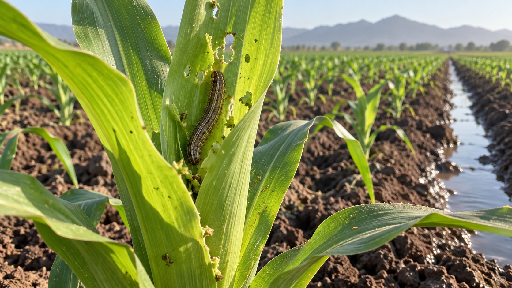 Oruga sobre una planta joven de maíz con señales de alimentación en la hoja