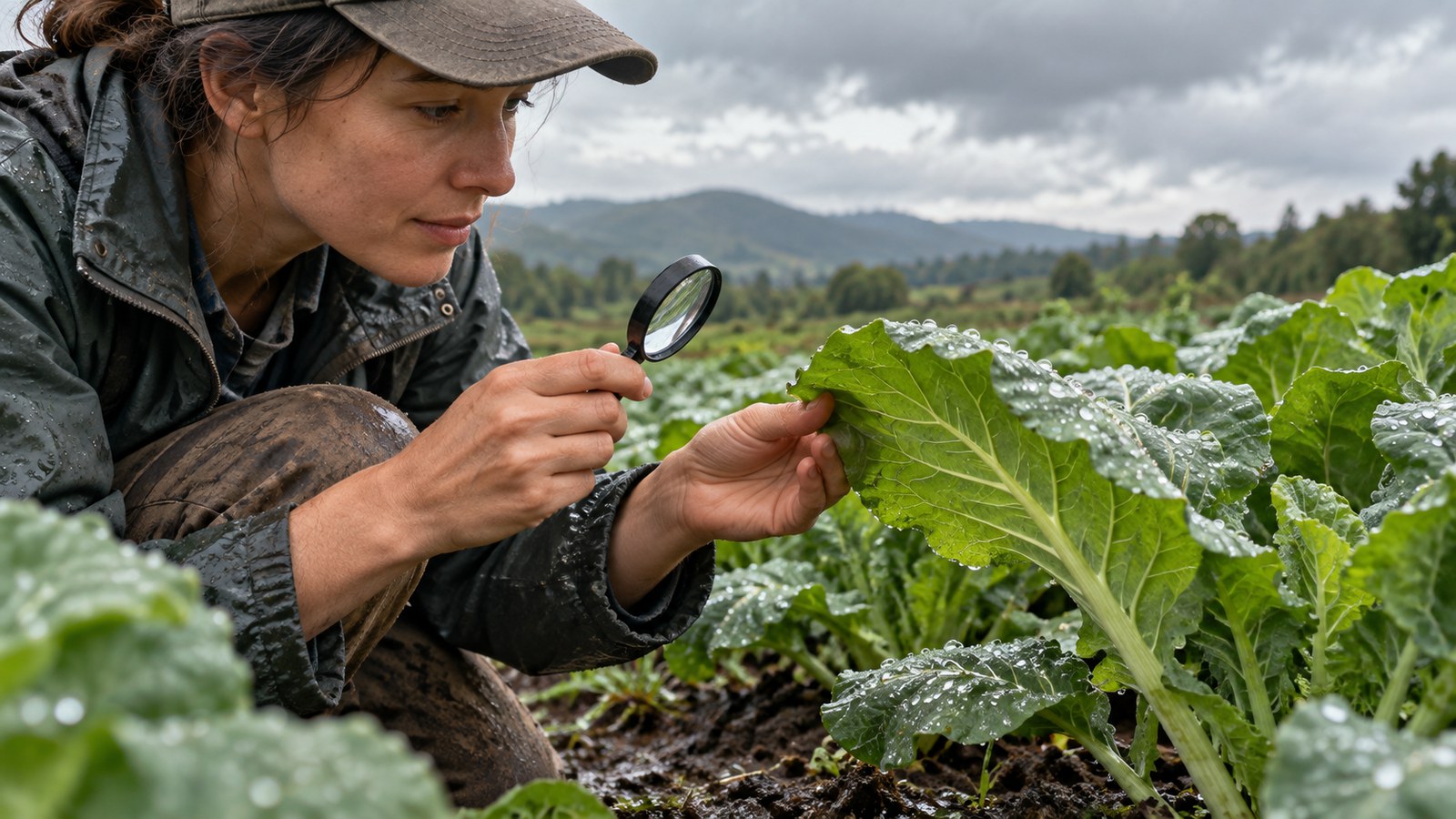 Ilustración generada con IA: una agricultora revisa una hoja con una lupa después de la lluvia en un campo de hortalizas