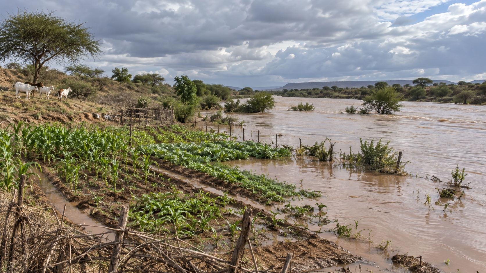 Parcela junto a un río con agua desbordada y ganado