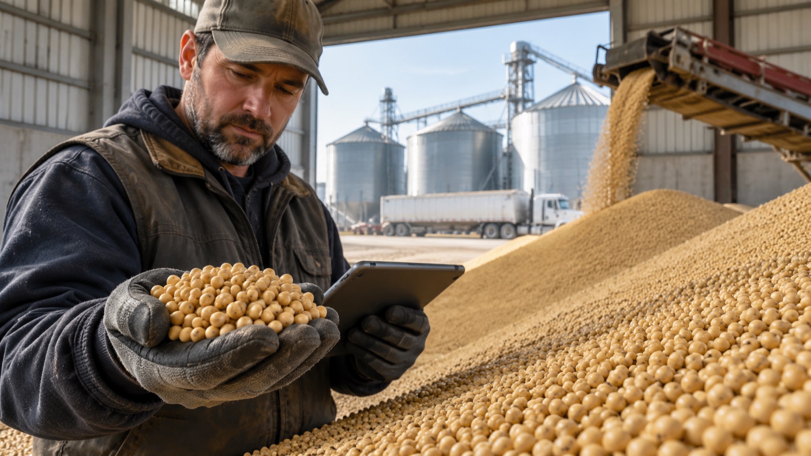 Un técnico sostiene una muestra de soya y una tableta junto a granos almacenados y silos