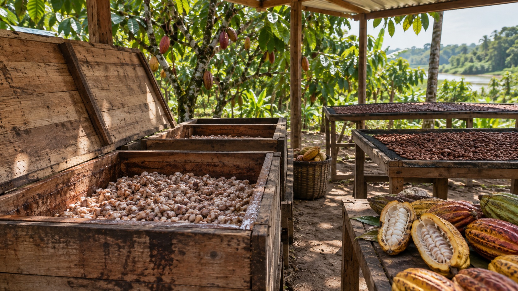 Cajas de madera con cacao en fermentación y bandejas de secado bajo árboles de cacao