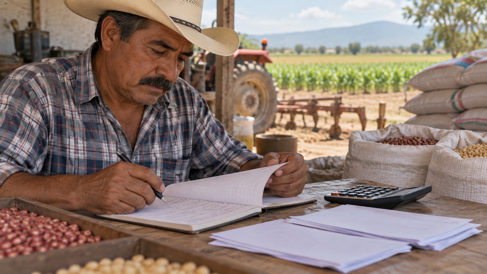 Productor revisa una libreta de costos y una calculadora junto a sacos de grano